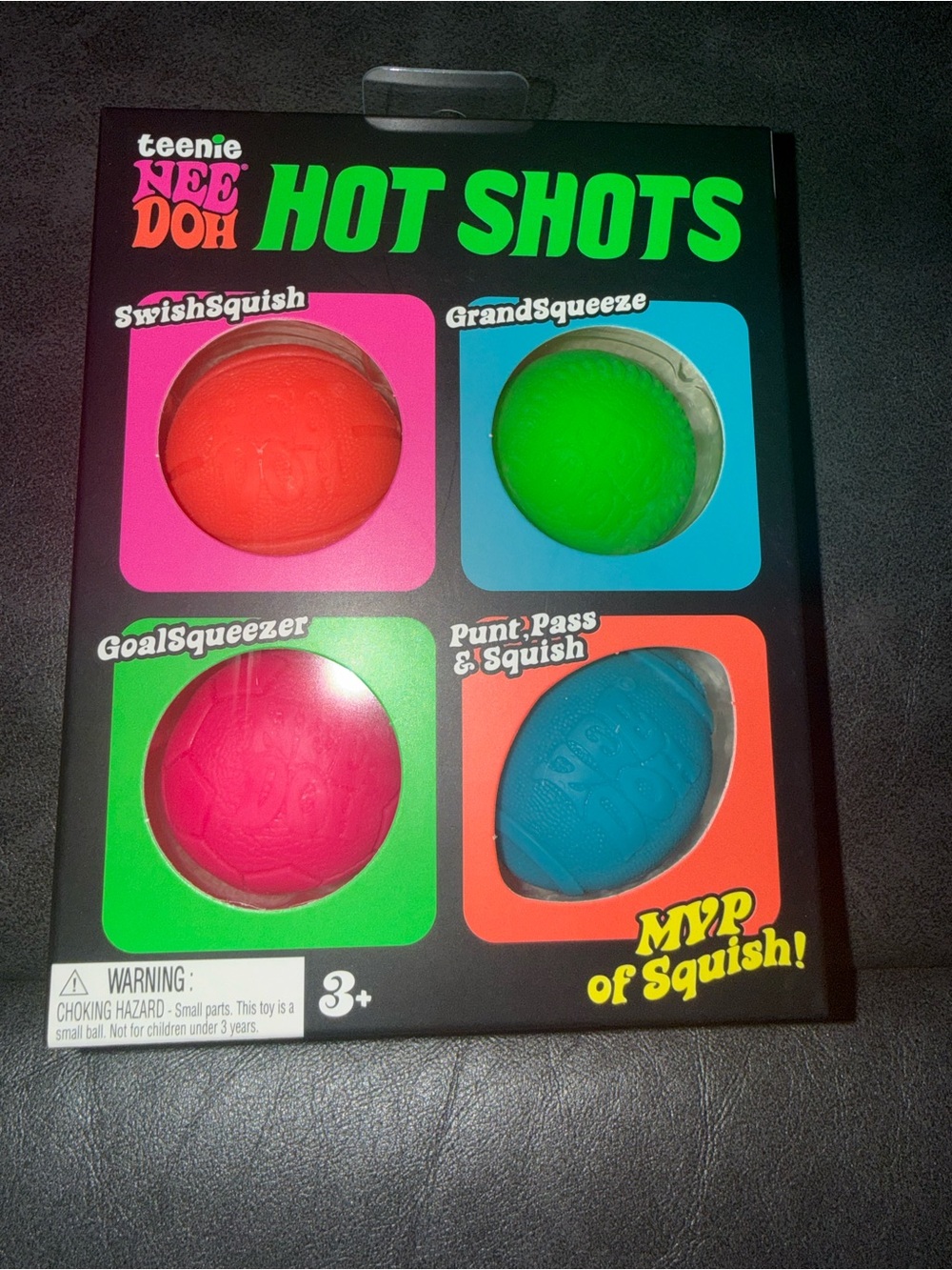 Needoh Teenie Hot Shots- 4-Pack Squish Balls - Green, Orange, Pink,and Blue